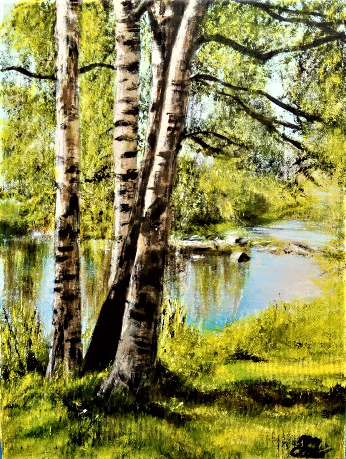 Obraz v zlatistej farbe s modrou oblohou odrážajúcou sa v rieke na brehu ktorej v popredí sú vztýčené brezy na jeho ľavej strane.